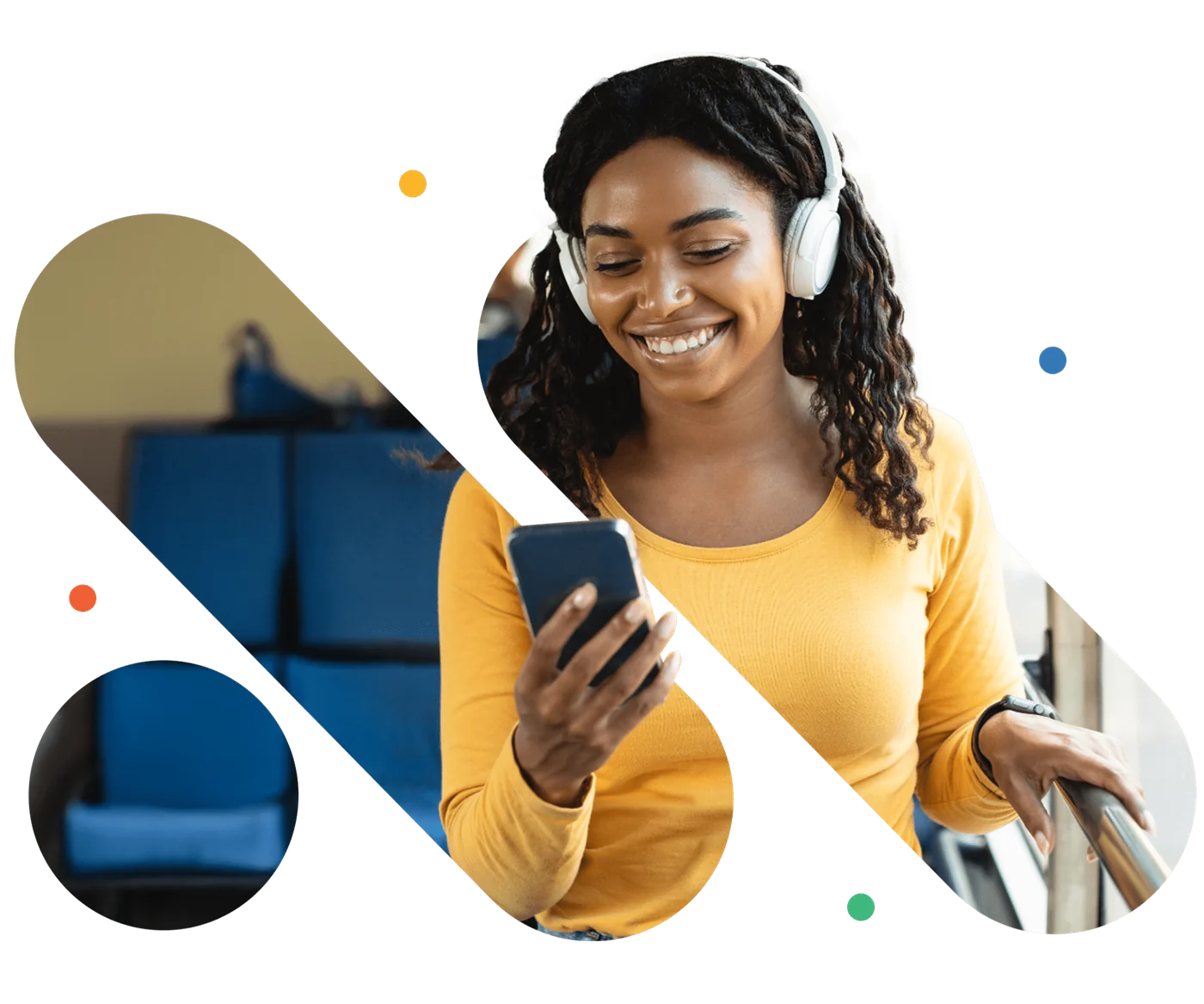 Woman in headphones smiling at her phone, framed by the OMNi M